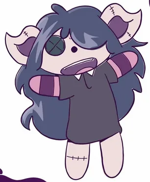 A cartoon character with dark blue hair, stitched-up ears and a black eye patch, wearing a dark grey dress with pink-striped…