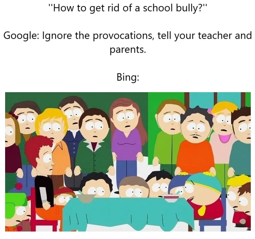 The image shows a scene from South Park with a crowd of students looking shocked. In the foreground, a boy in a red shirt…