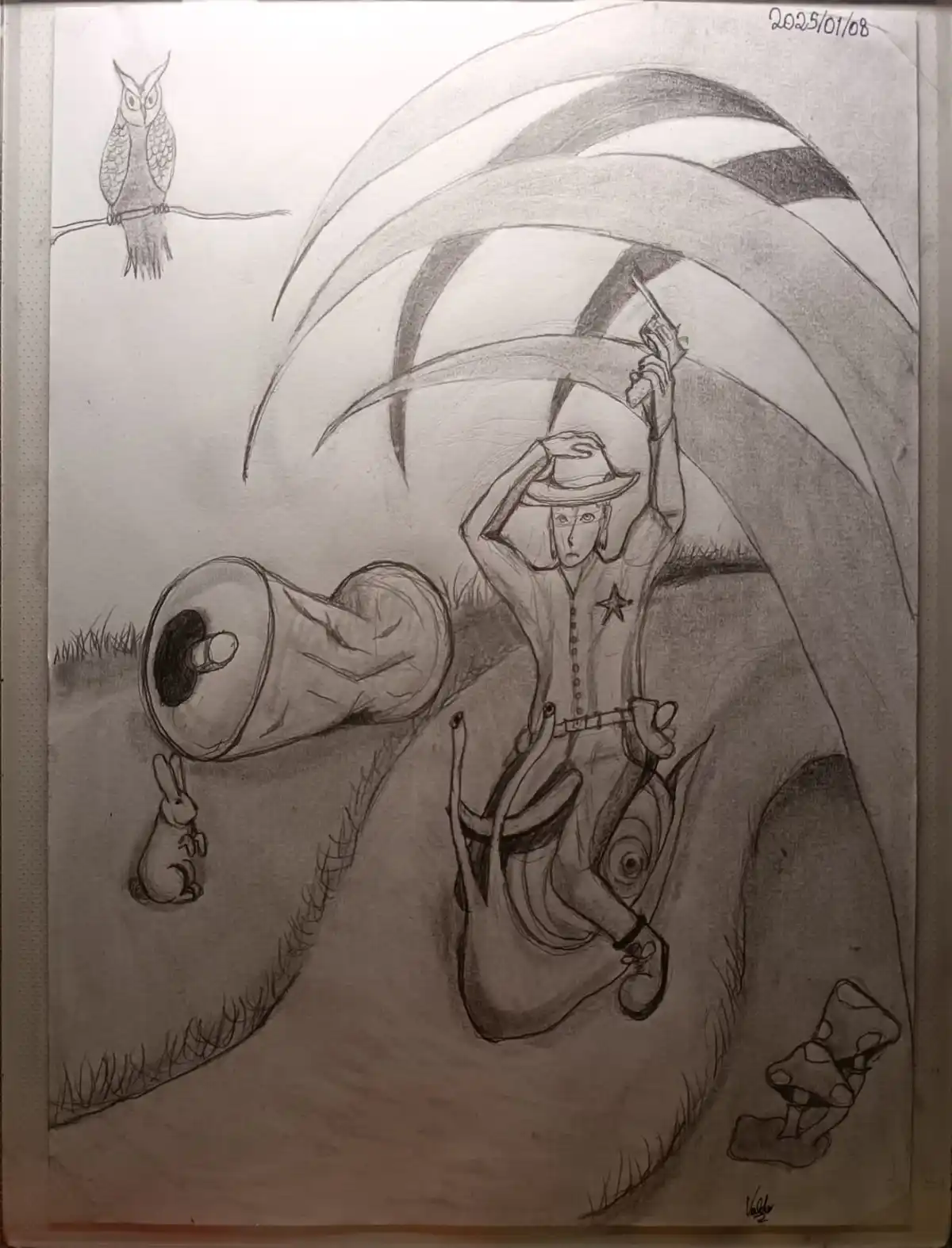 A pencil sketch depicts a woman in a cowboy hat and star-adorned shirt riding a snail, holding a gun aloft. An owl perches…