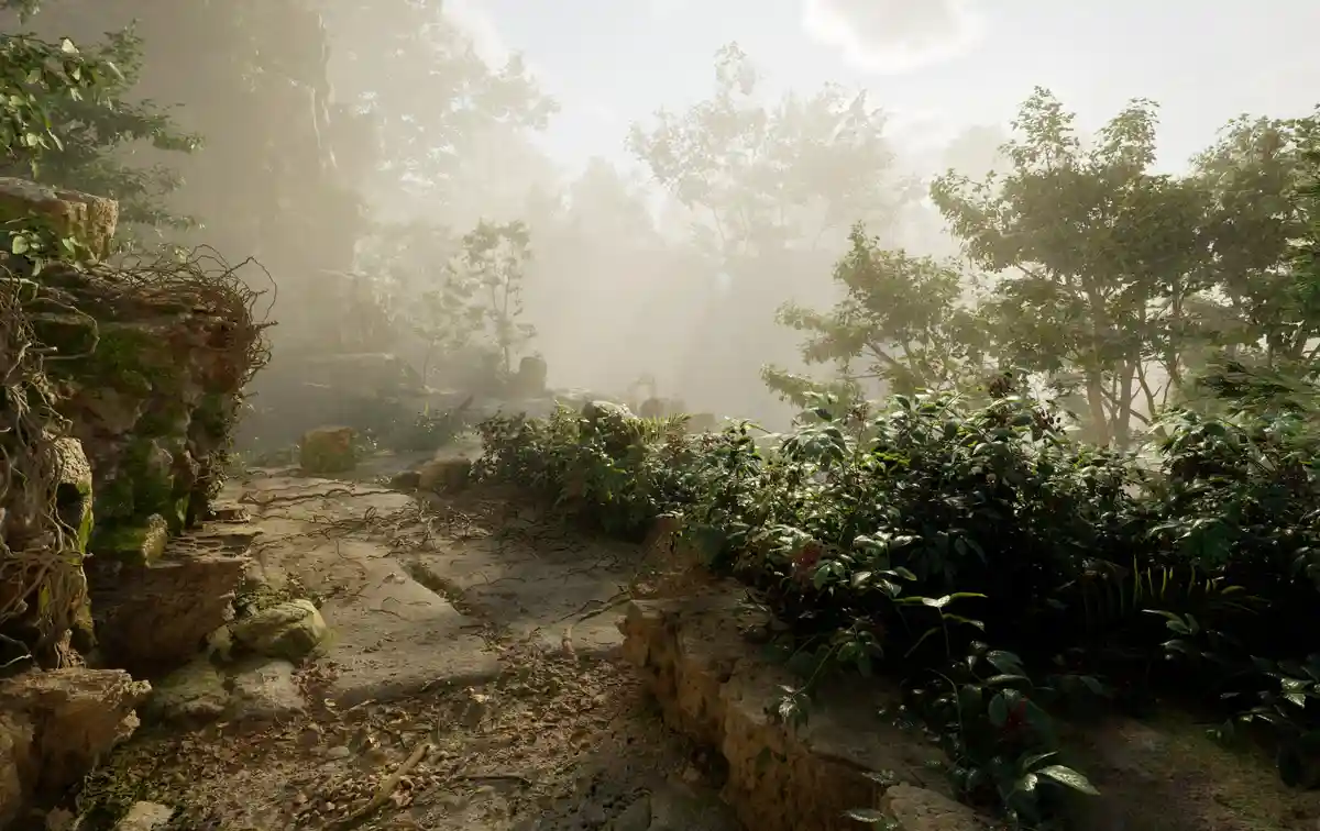 A misty, sun-dappled jungle scene with ancient stone ruins overgrown with moss and vines, featuring a path winding through…