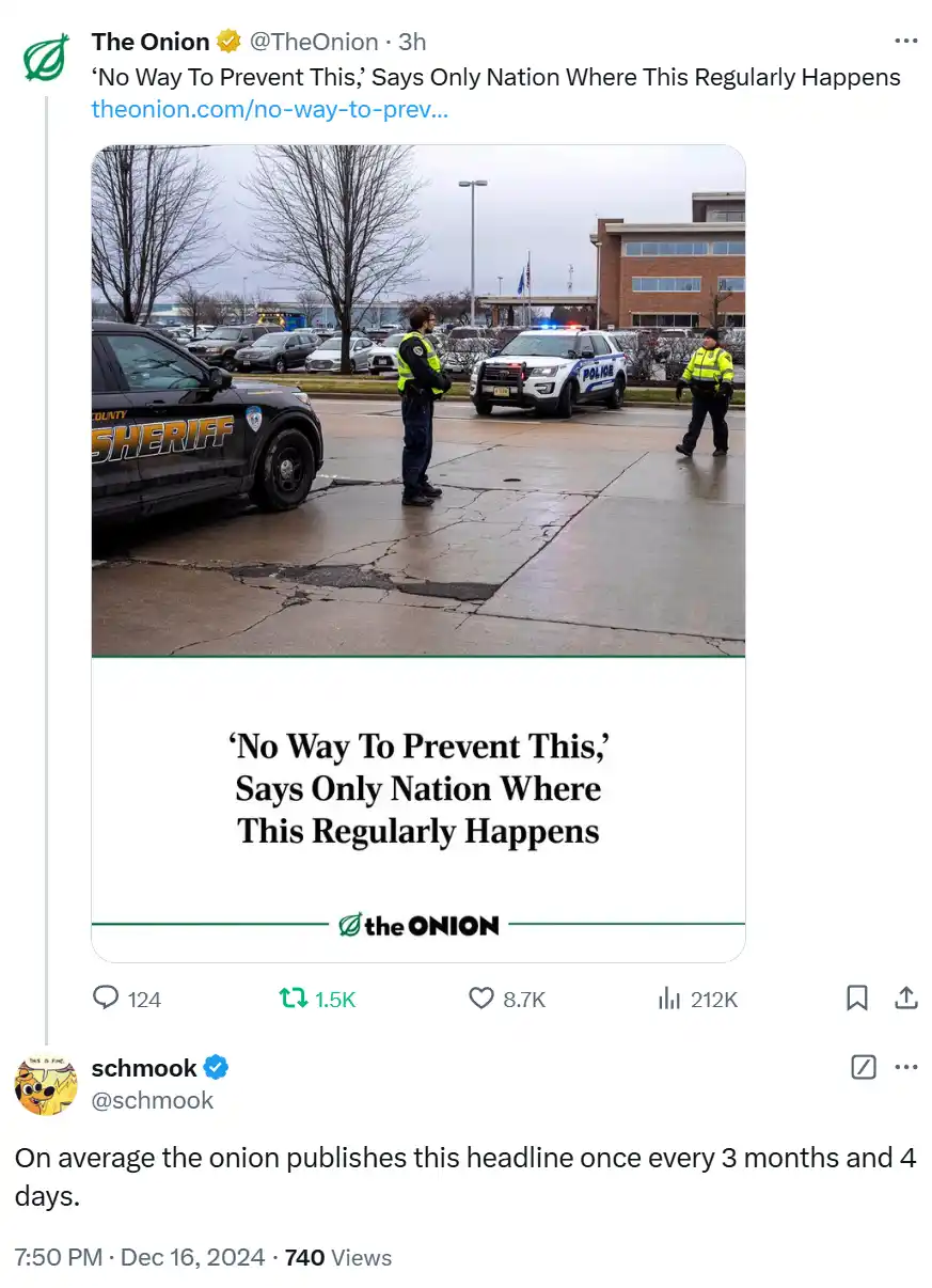 An image from The Onion shows two police officers standing in a parking lot near a sheriff's vehicle and a police car with…