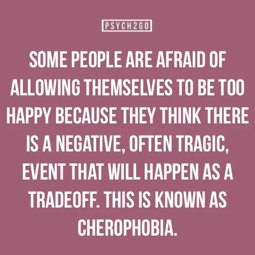 A solid maroon background with white sans-serif text centered. The text defines 'cherophobia' as the fear of being too happy…