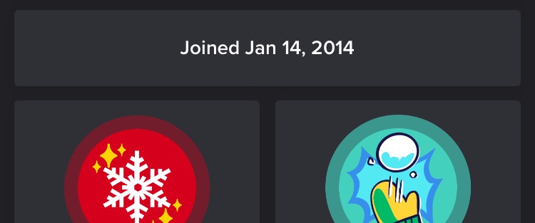A Discord user profile shows a join date of January 14, 2014, above two badges: a red one with a white snowflake and yellow…