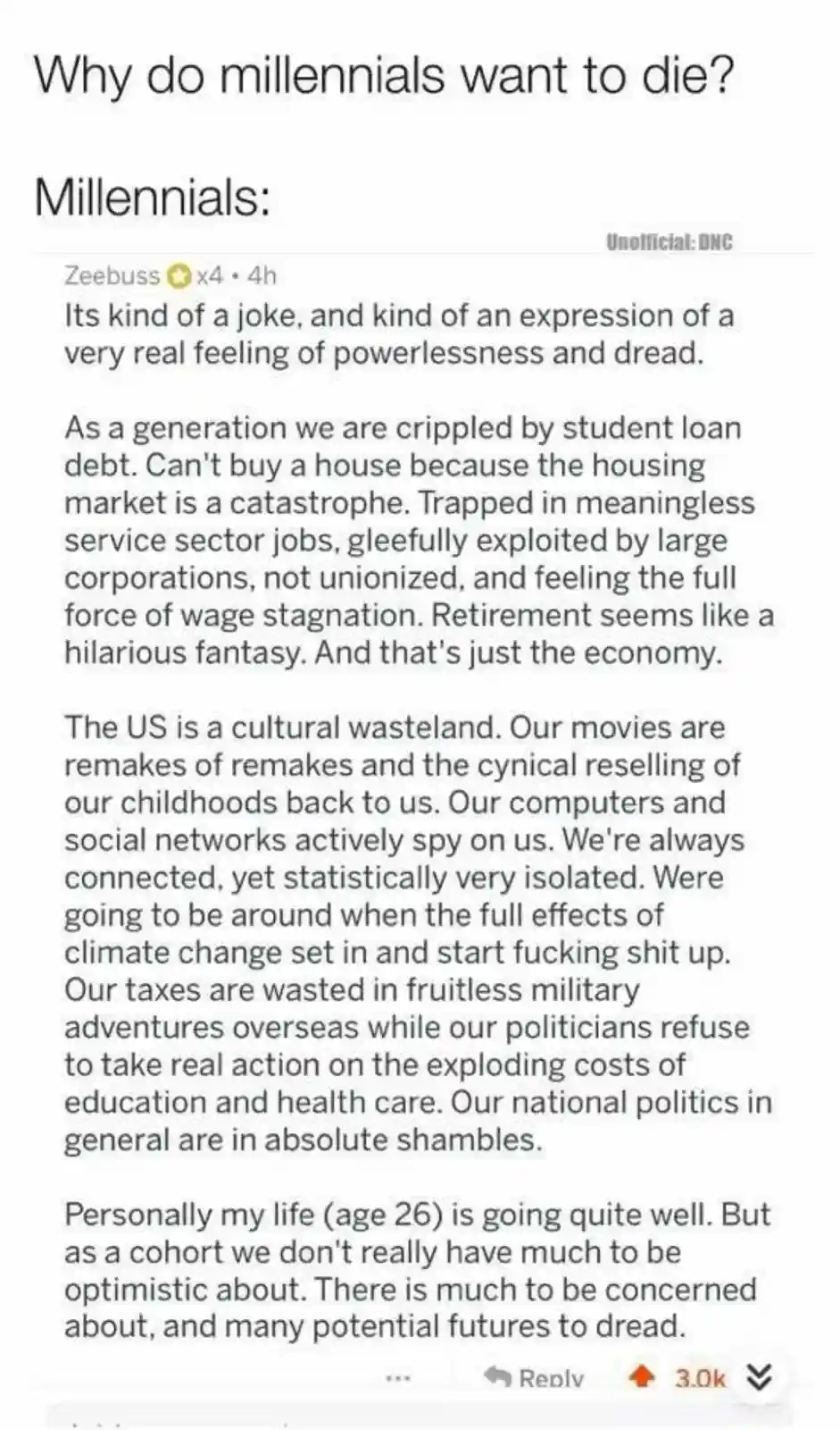 The image displays a screenshot of a Reddit comment thread under the title 'Why do millennials want to die?'. The visible…