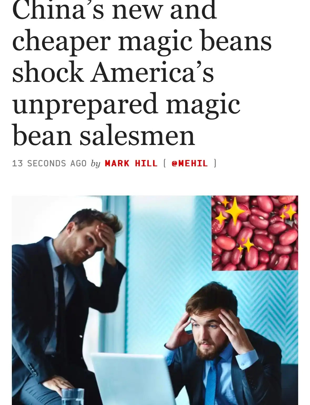 The image shows two men in business suits looking distressed, both holding their heads in frustration while looking at a…