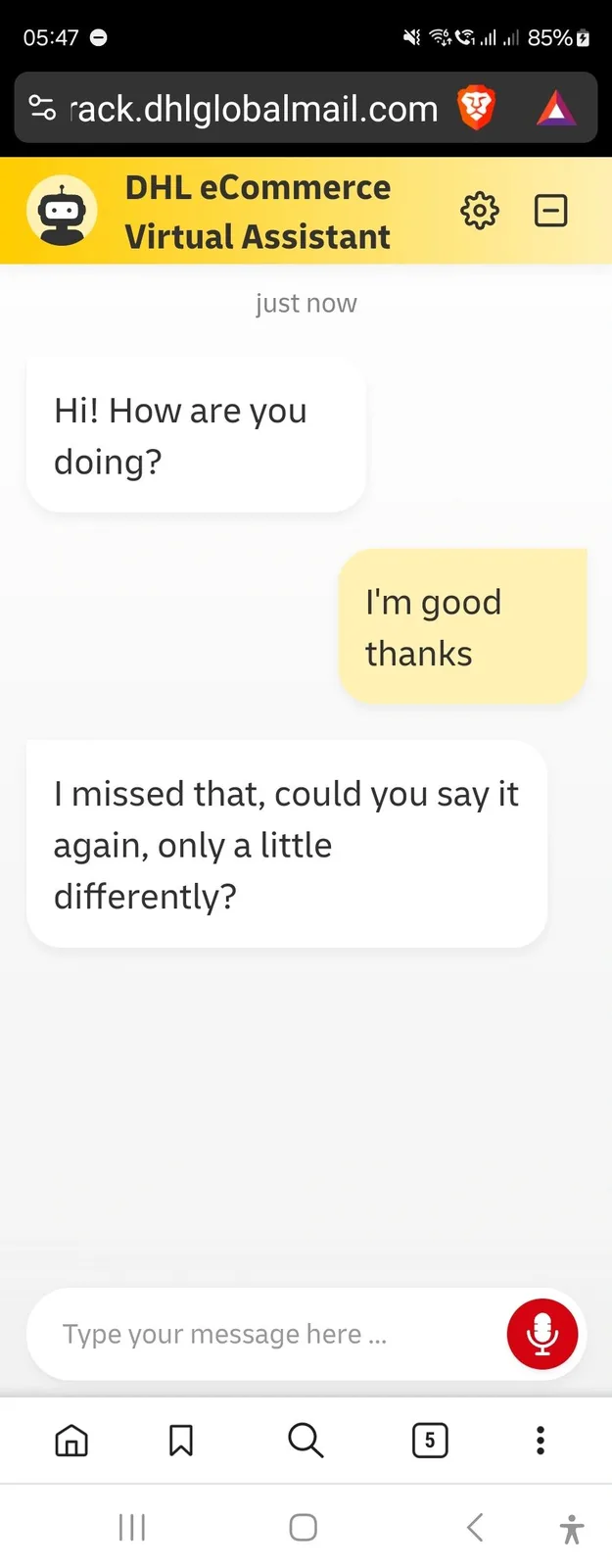 A screenshot of a chat interface with a DHL eCommerce Virtual Assistant bot. The bot asks 'Hi! How are you doing?', the user…