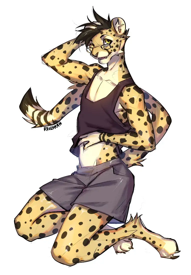 An anthropomorphic cheetah with black spots, wearing a dark tank top and shorts, is kneeling and posing with one hand on…