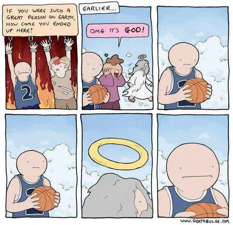 A six-panel comic strip shows a bald man in a blue basketball jersey holding a basketball. In the first panel, he and…