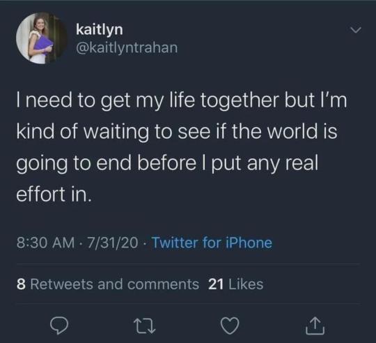 A screenshot of a tweet from user kaitlyn (@kaitlyntrahan) posted at 8:30 AM on July 31, 2020, via Twitter for iPhone. The…