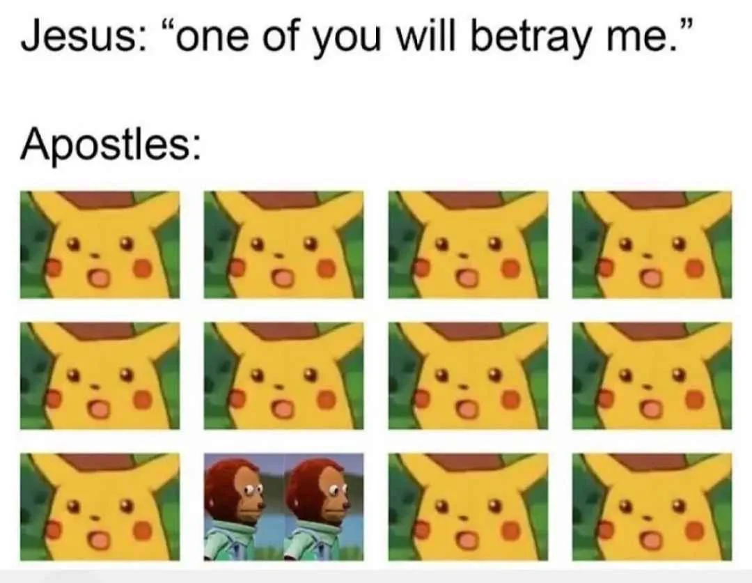 The image displays a grid of twelve identical Pikachu faces, each showing a shocked expression, except for one cell in the…
