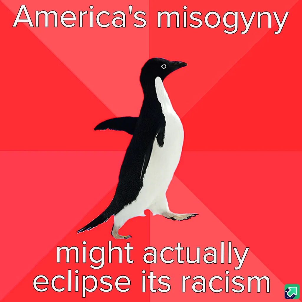 A black-and-white penguin walks against a red background with diagonal stripes. Text at the top reads 'America's misogyny'…