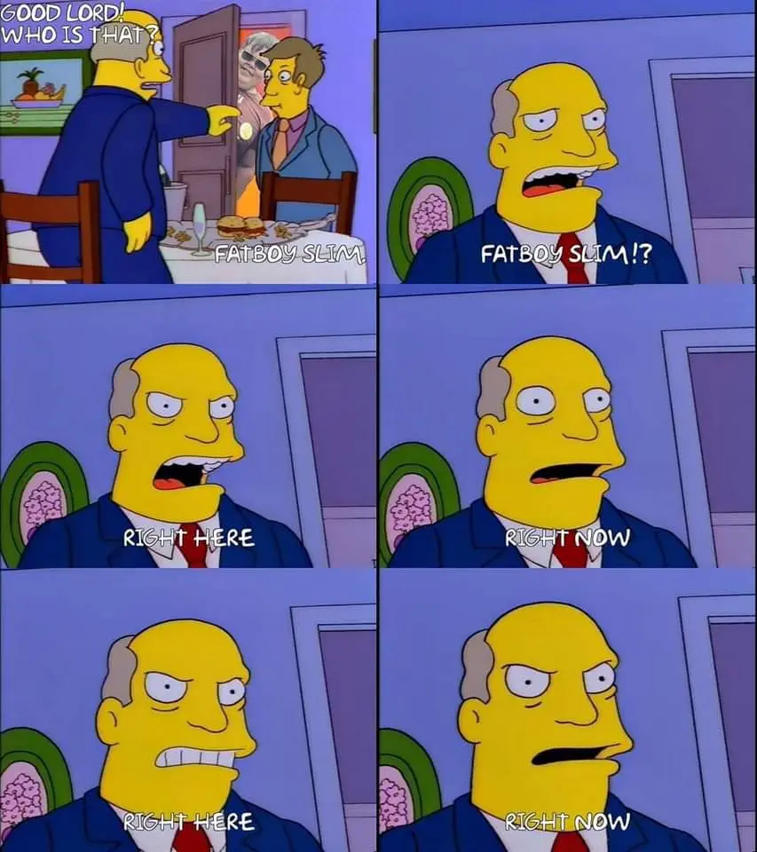 A six-panel Simpsons meme showing Mr. Burns reacting to someone at his door. He exclaims 'GOOD LORD! WHO IS THAT?' as a man…