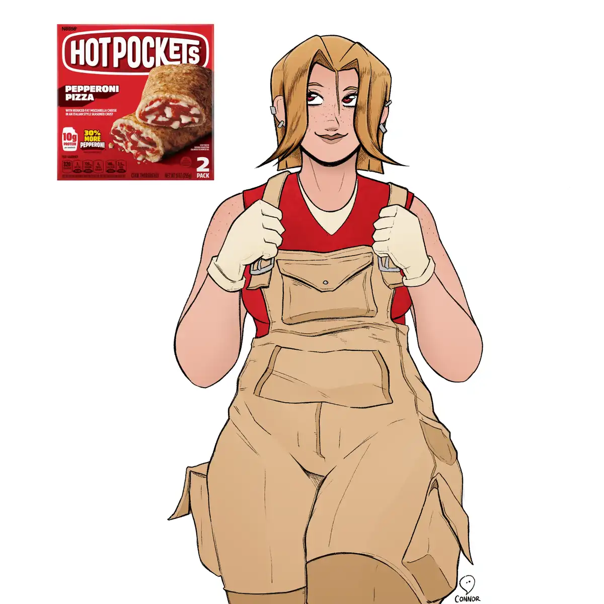 An anime-style illustration of a woman in beige overalls and a red shirt, adjusting her straps with a confident smirk…