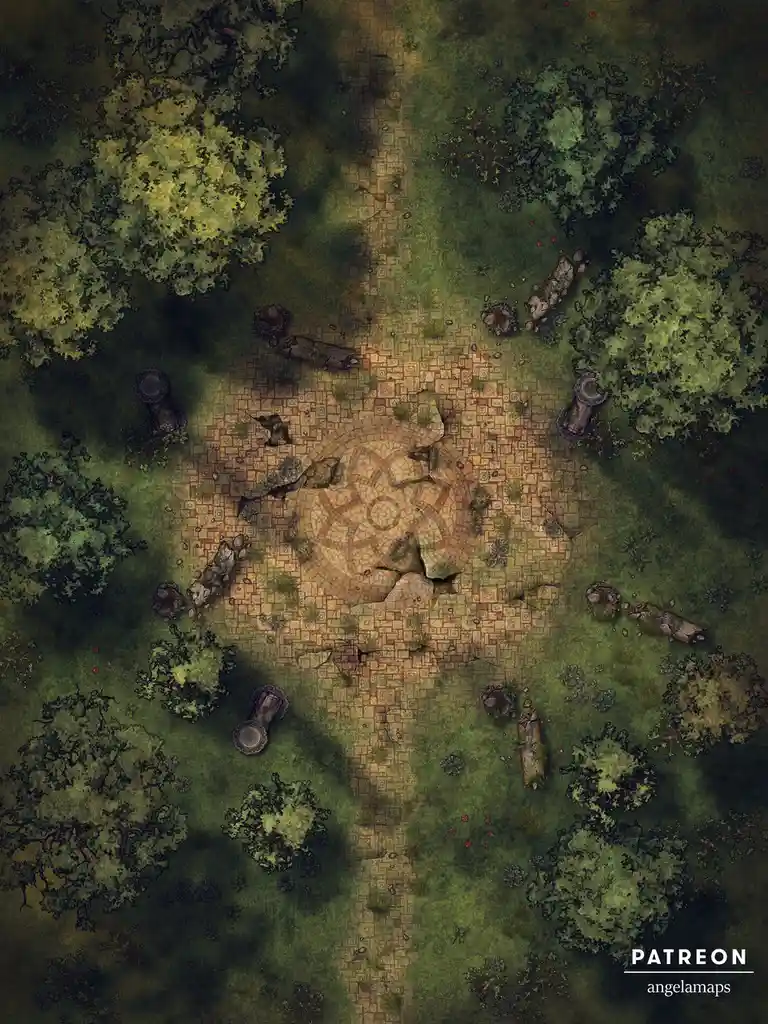 An overhead view of a fantasy dungeon map showing a circular stone courtyard with cracks and a central mosaic, surrounded by…