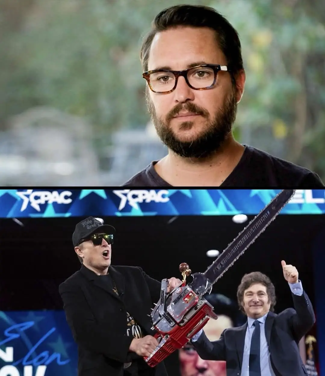 The image is split into two parts: the top shows a man with glasses and a beard, and the bottom shows Elton John holding a…