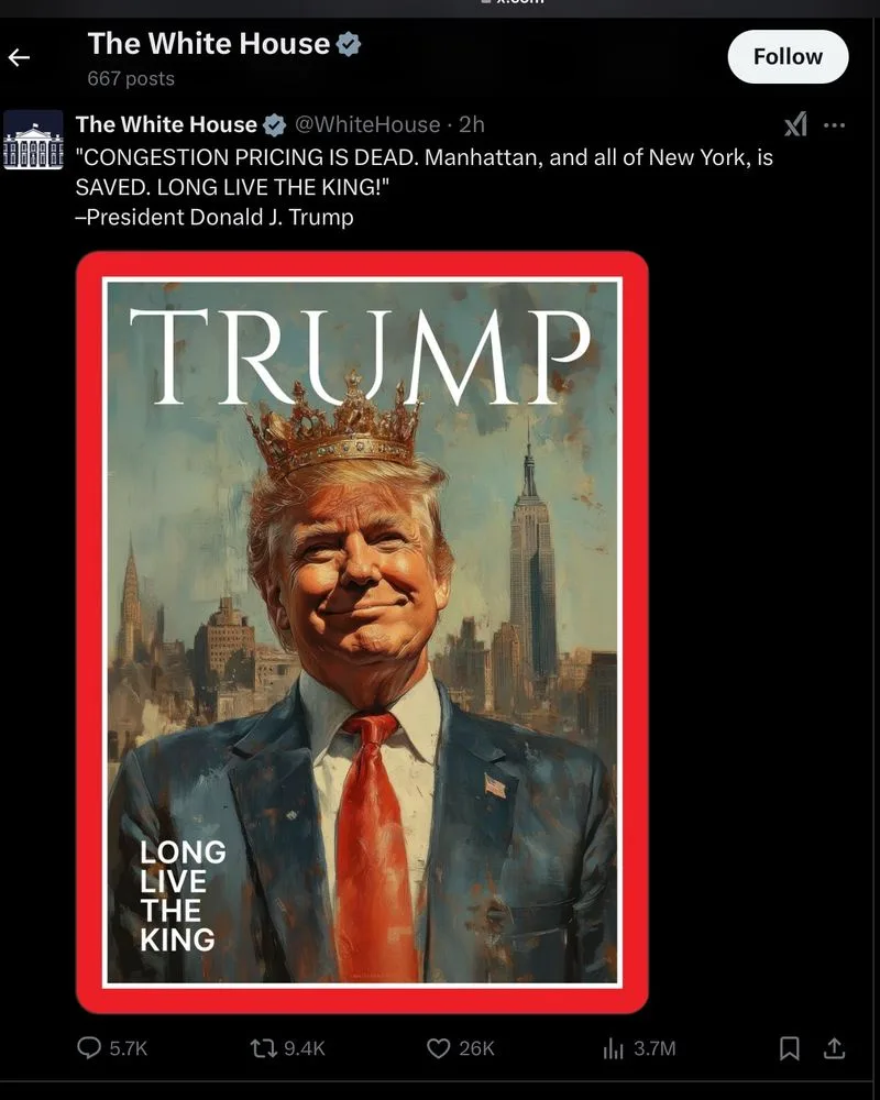 A digitally altered image shows Donald Trump wearing a golden crown, smiling, against a New York City skyline with the…