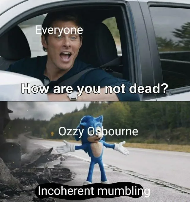 The top panel shows a man in a car with the text 'Everyone' and 'How are you not dead?'. The bottom panel shows the blue…