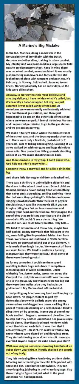 The image shows a text-heavy meme featuring a first-person account of a U.S. Marine's mishap in Norway. The top image…