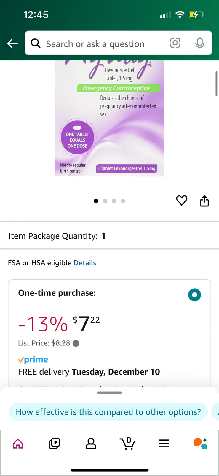 A screenshot of an Amazon product page for emergency contraceptive (levonorgestrel) showing a discounted price of $7.22. The…