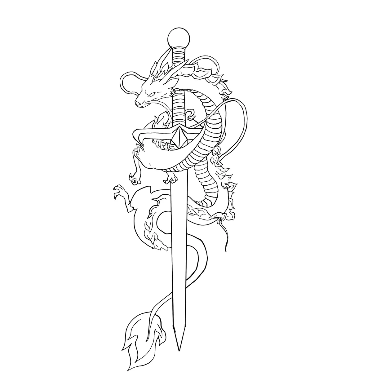 A black-and-white line drawing shows a stylized dragon coiled around a sword, with its head near the hilt and tail wrapping…