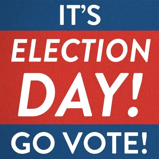 A graphic with a blue top and bottom border and a red center, featuring bold white text that reads 'IT'S ELECTION DAY! GO…