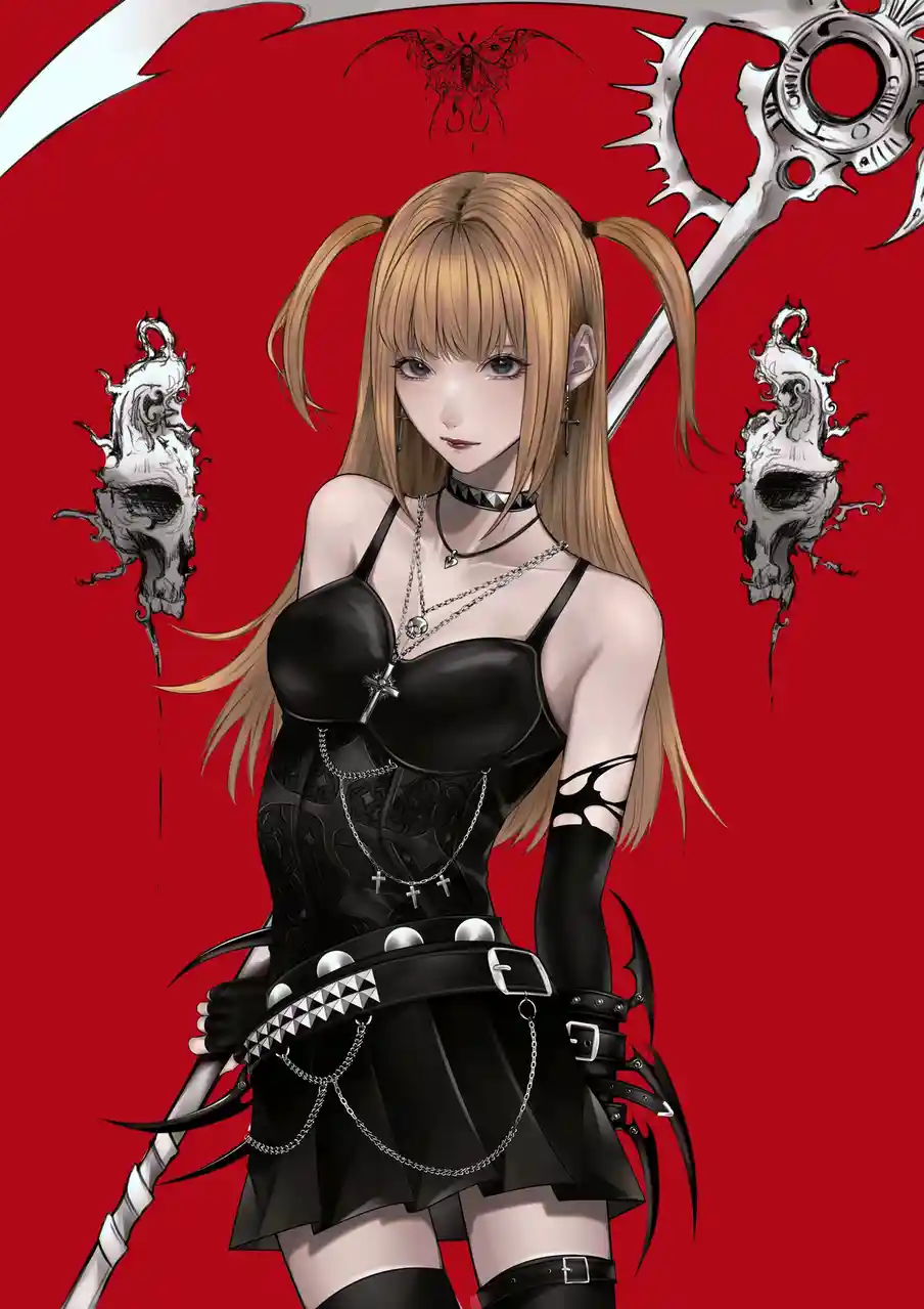 An anime-style illustration of a blonde-haired girl with pigtails, wearing a black gothic outfit with chains, crosses, and a…