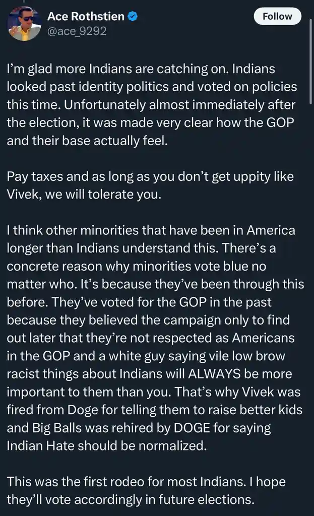 A screenshot of a tweet by Ace Rothstien discussing how Indian voters in the U.S. reacted to the GOP after an election…
