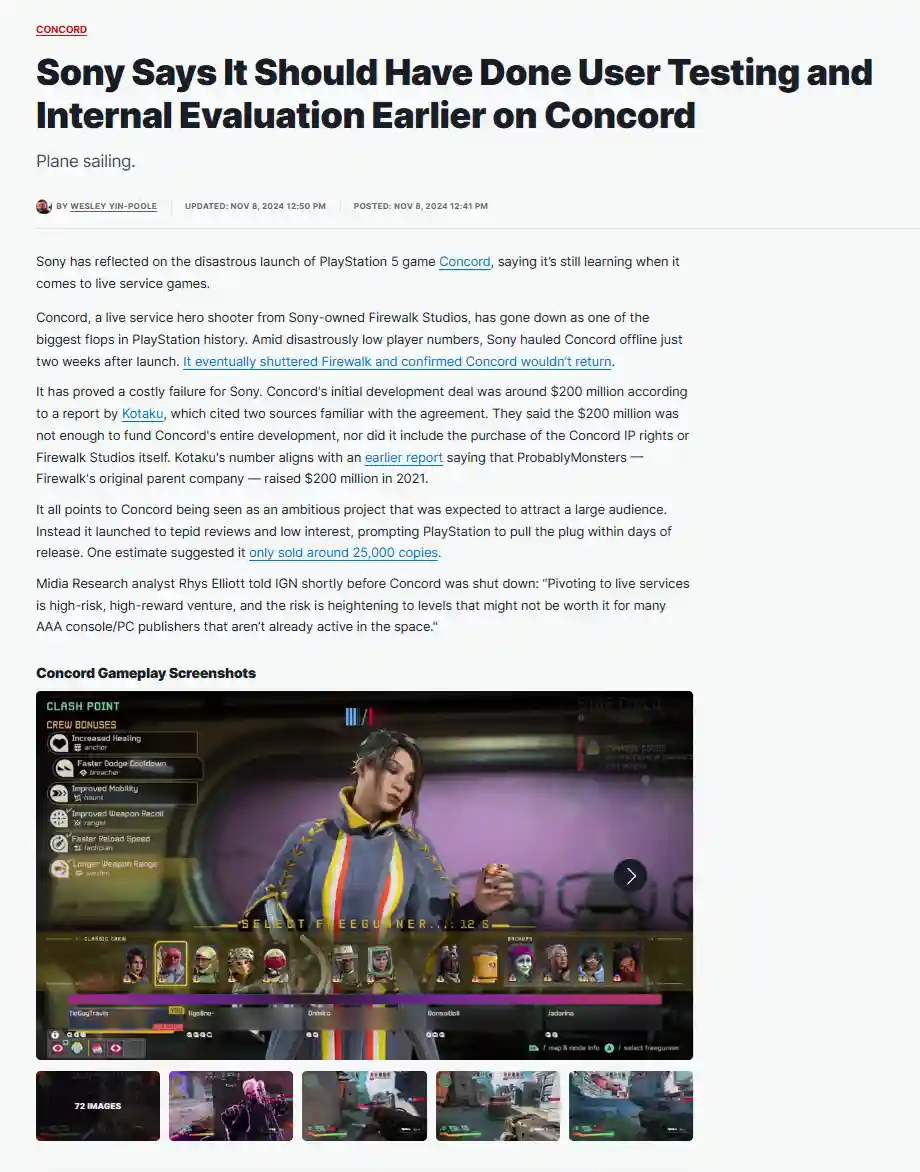 A screenshot from the PlayStation 5 game 'Concord' shows a character selection screen with a female character in a blue and…