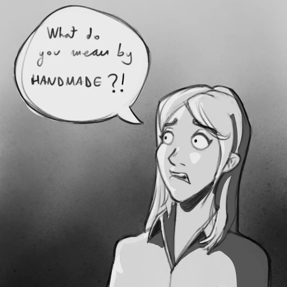 A black-and-white cartoon drawing shows a woman with a shocked, wide-eyed expression, her mouth slightly open in disbelief…
