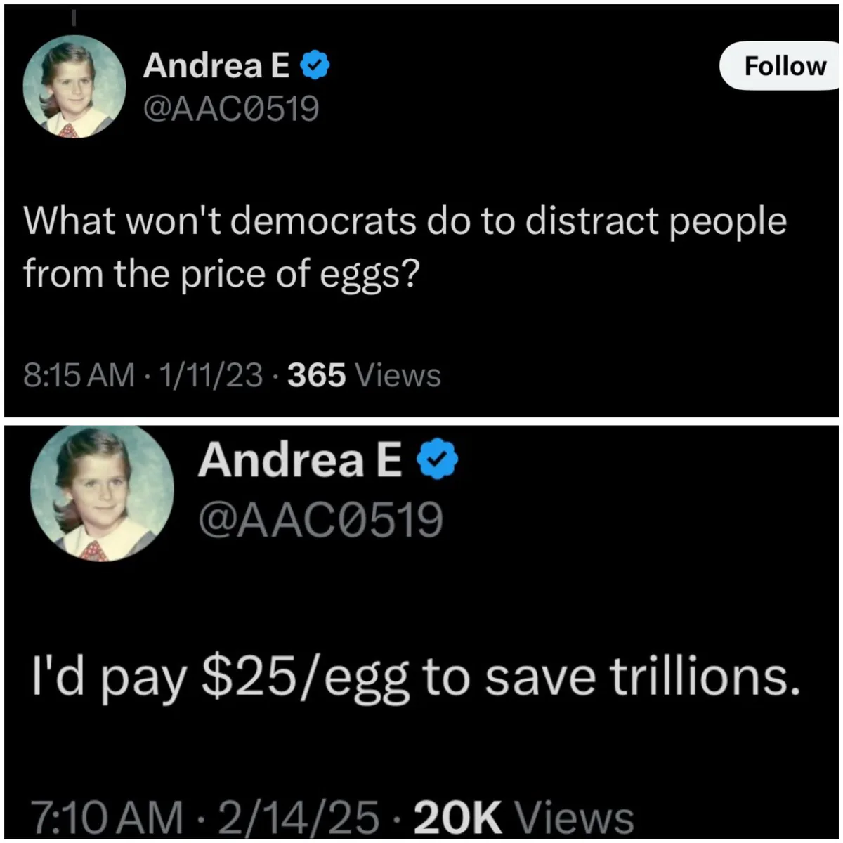 The image displays two Twitter posts from the same user, Andrea E, both featuring a childhood photo of a girl in a school…