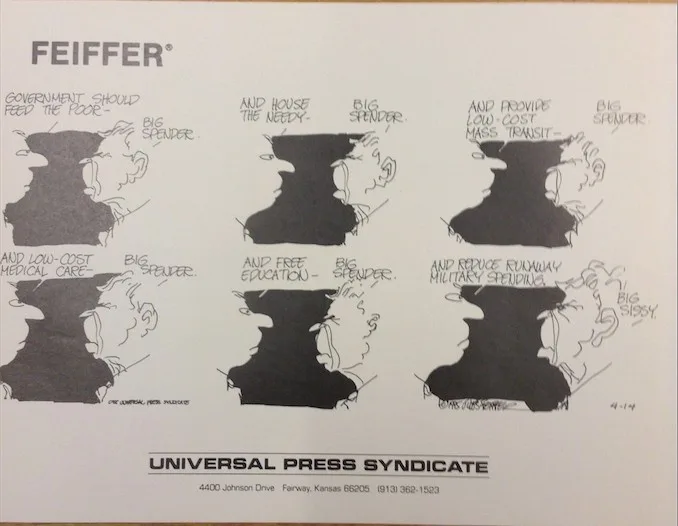 A black-and-white political cartoon by Feiffer shows a man's silhouette with a profile of a woman's face superimposed on it…