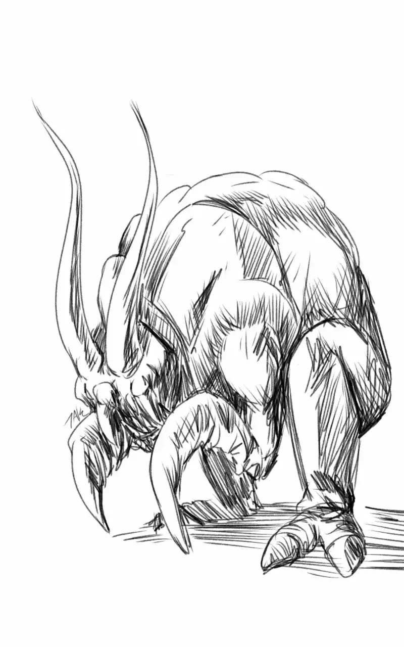 A black-and-white sketch depicts a hunched, monstrous-looking creature with long horns, claws, and a menacing face…