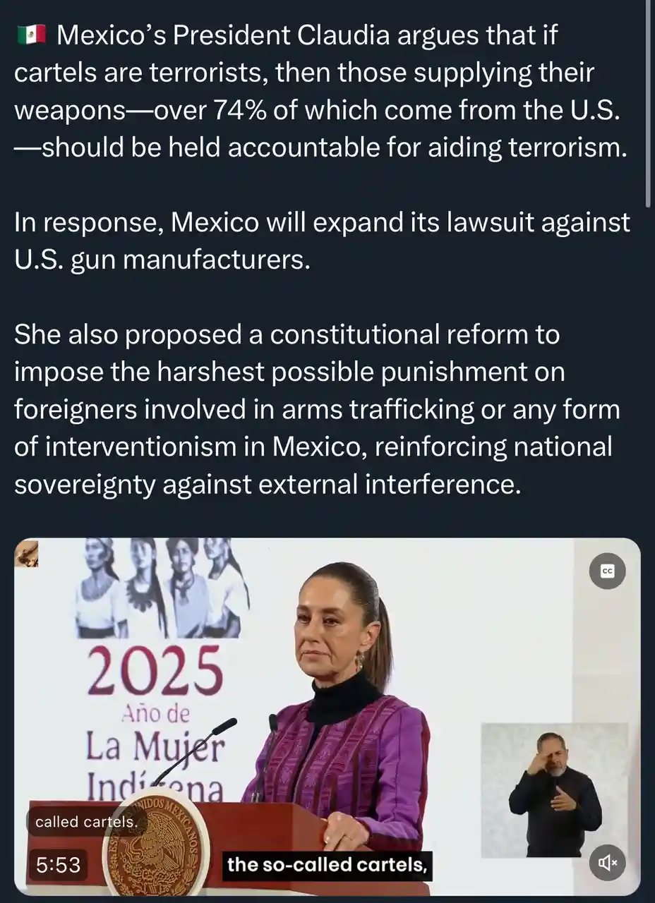 A screenshot of a video showing Mexico's President Claudia Sheinbaum speaking at a podium with a '2025 Año de La Mujer…