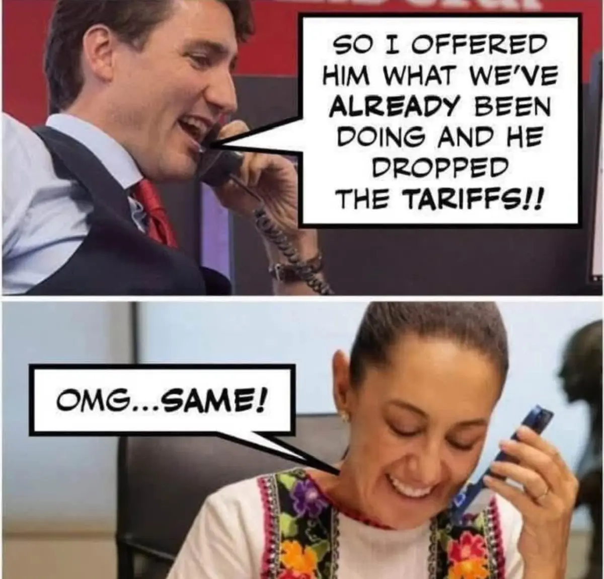 The top panel shows a man in a suit and red tie smiling while talking on a phone, with a speech bubble reading 'SO I OFFERED…