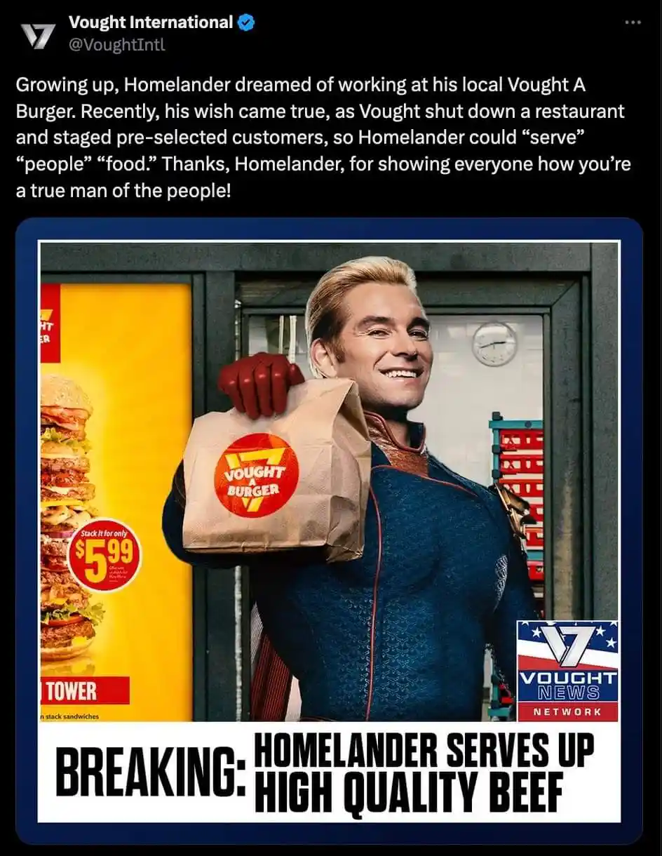 A man in a blue superhero costume with red gloves holds a brown paper bag with a 'Vought Burger' logo. Behind him is a…