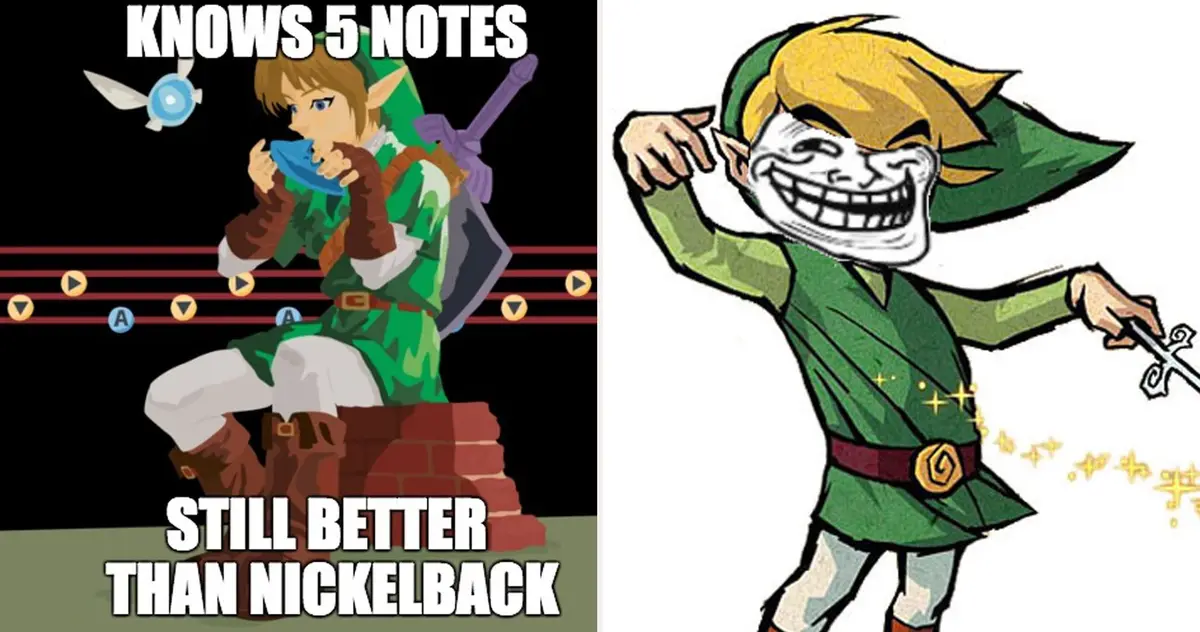 The image is split into two panels. Left: Link from The Legend of Zelda plays a ocarina with musical notes displayed below…