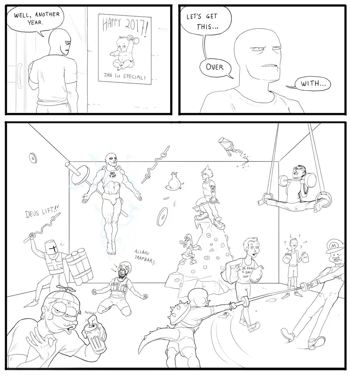 A three-panel comic shows a man looking at a 'Happy 2017! Jan 1st Special!' poster, then grimacing as he says 'Let's get…