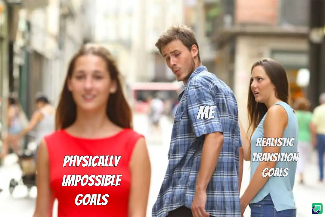A man labeled 'ME' stands on a street, looking away from a blurred woman labeled 'PHYSICALLY IMPOSSIBLE GOALS' and toward a…