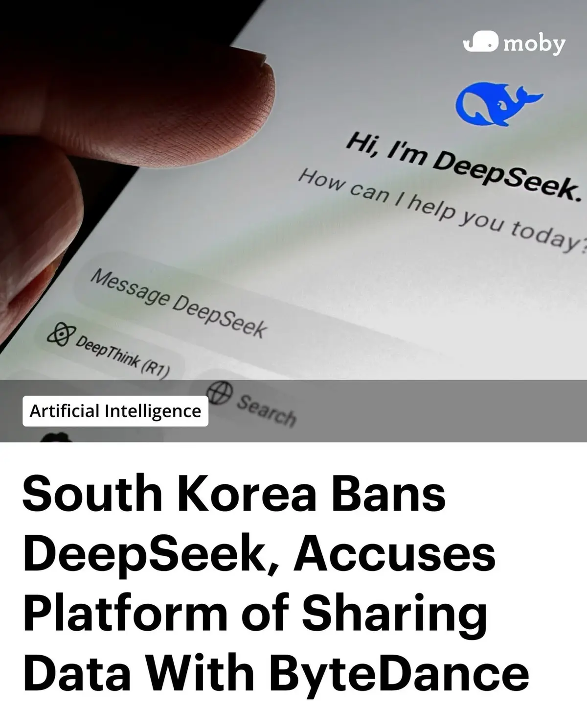 A close-up image shows a finger tapping a smartphone screen displaying the DeepSeek chatbot interface, which says 'Hi, I'm…