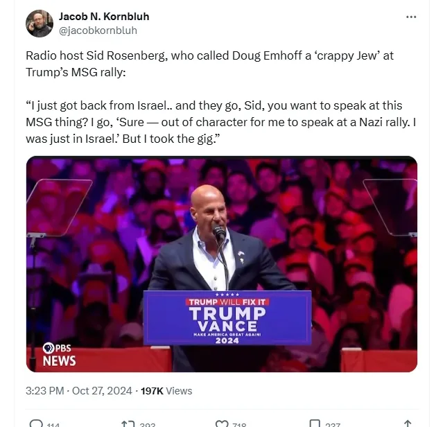 A screenshot of a tweet by Jacob N. Kornbluh showing a video clip of radio host Sid Rosenberg speaking at a Trump rally…