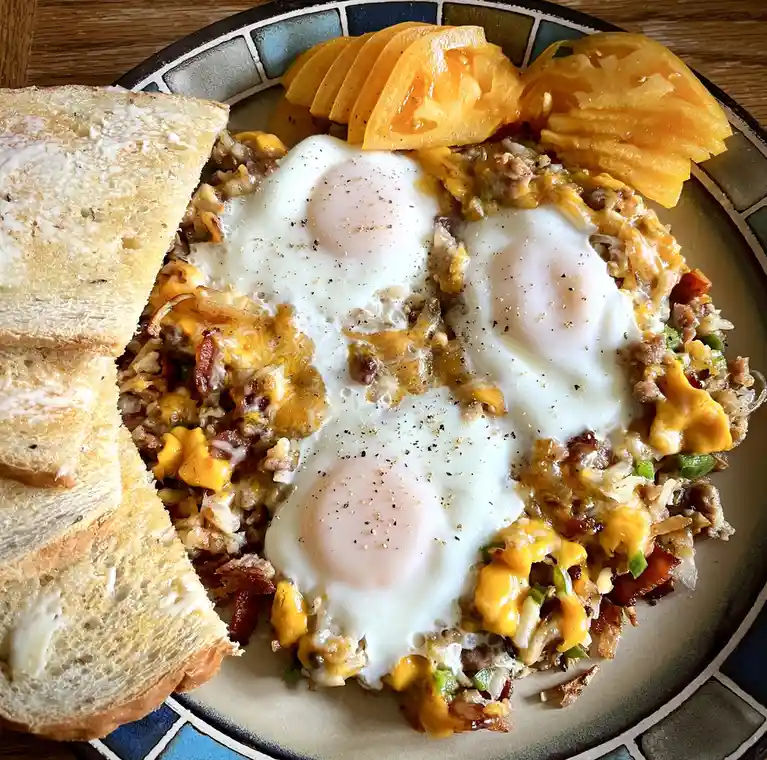 A plate of breakfast food featuring three sunny-side-up eggs on a bed of cheesy hash with bacon, topped with sliced orange…
