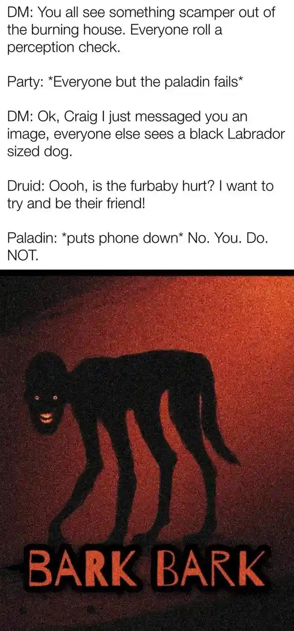 The image shows a black, humanoid figure with glowing eyes and a dog-like tail, set against a red-orange background. At the…