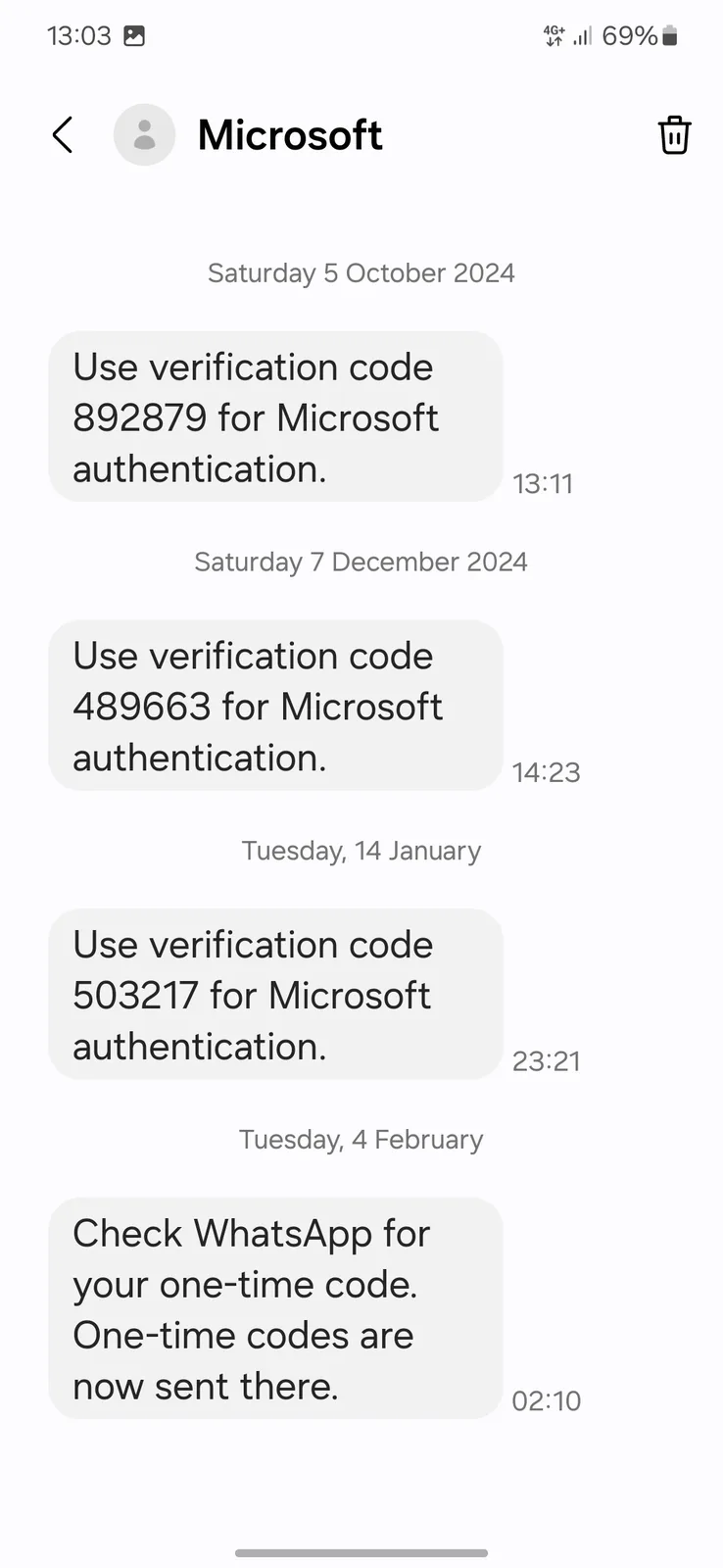 A screenshot of a phone messaging app conversation with 'Microsoft' showing four messages over several months. The first…