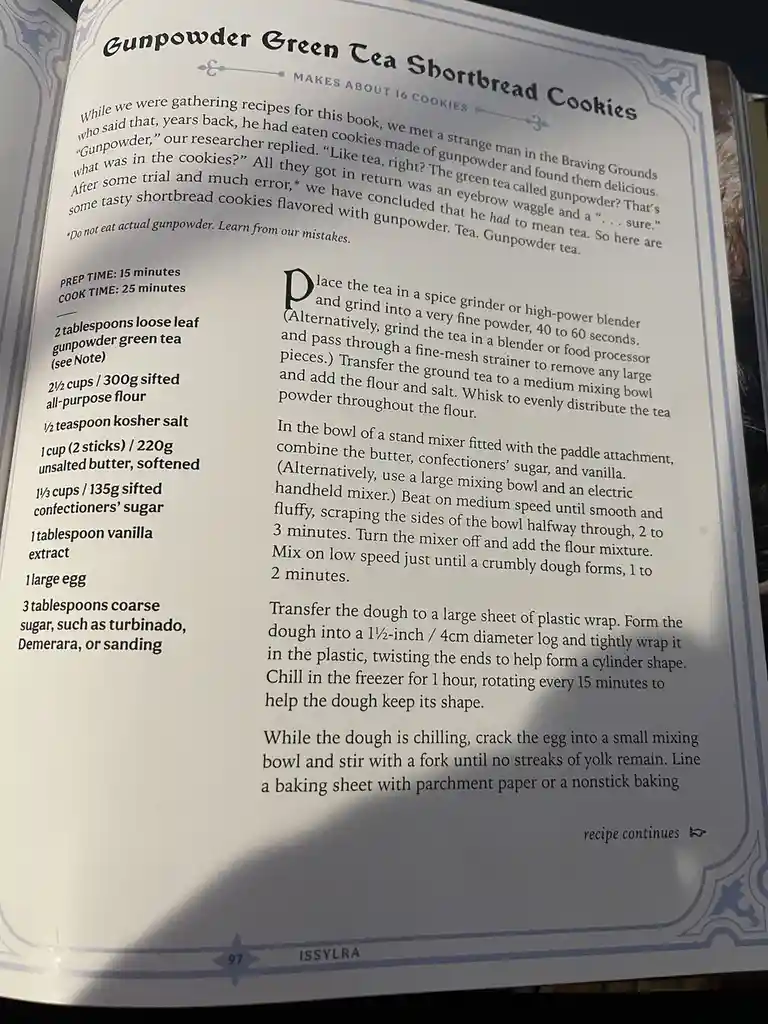 A recipe page for 'Gunpowder Green Tea Shortbread Cookies' from a book, featuring ingredients and instructions. The text…