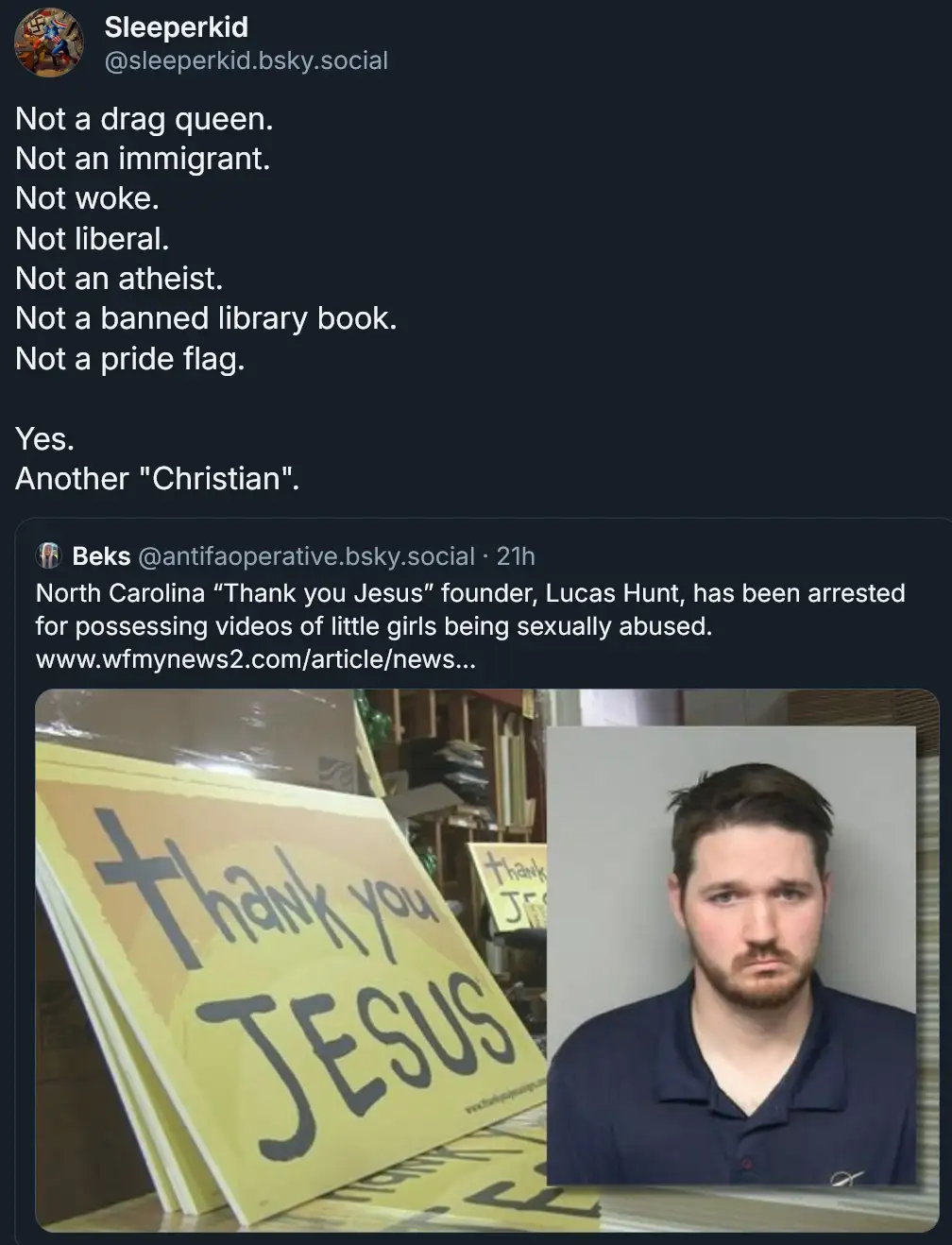 A screenshot of a social media post showing a mugshot of a man next to yellow signs that read 'Thank you JESUS'. The post…