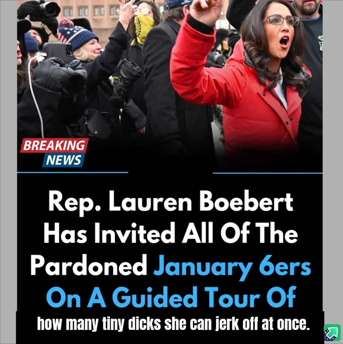 The image shows a woman in a red jacket and glasses, raising her fist in a crowd, with a 'BREAKING NEWS' banner at the top…