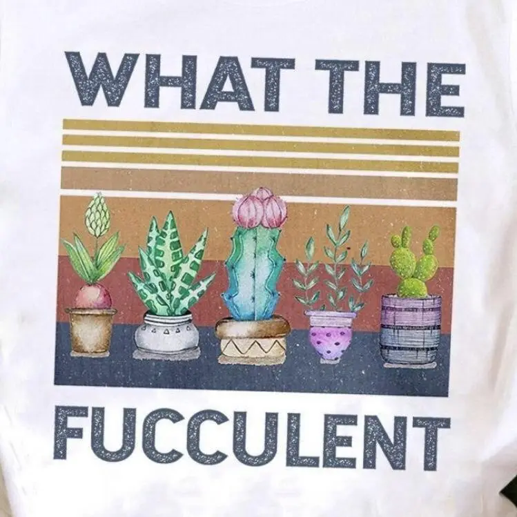 A white t-shirt graphic shows five potted succulents and cacti arranged in a row against a gradient background with…