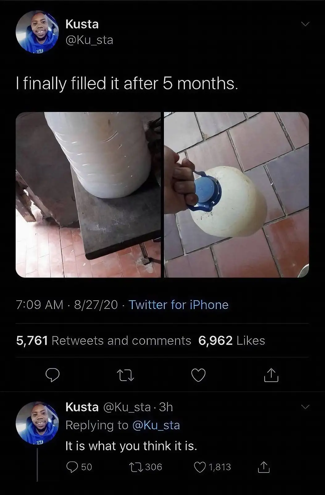 A Twitter post by user Kusta shows two photos: one of a large, empty white plastic container on a table, and another of a…