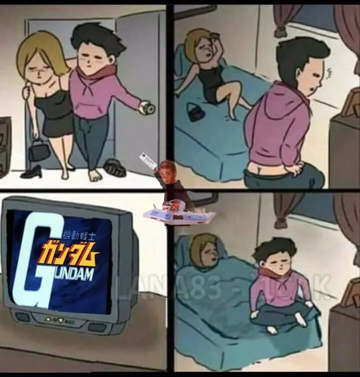 A four-panel comic strip shows a man and woman entering a room, then the woman on the bed while the man sits on the floor…