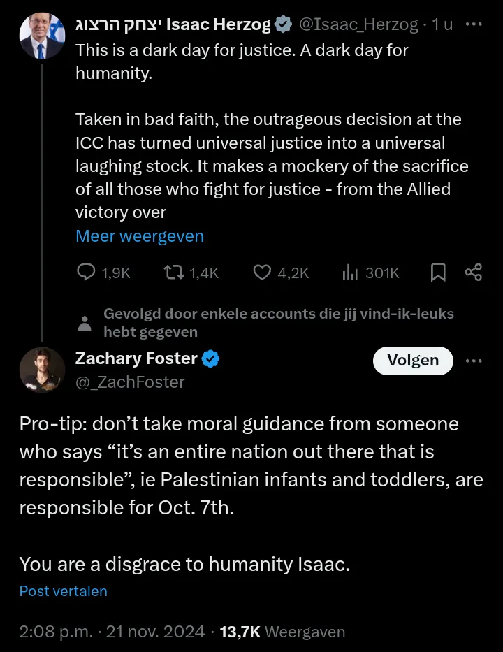 A screenshot of a Twitter thread shows Israeli president Isaac Herzog's tweet condemning an ICC decision, followed by a…